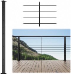 Intermediate Post  Fixed Top Level drilled Cable Railing Post Black Rectangular Stainless Steel Middle Post Wood Concrete Level Deck,